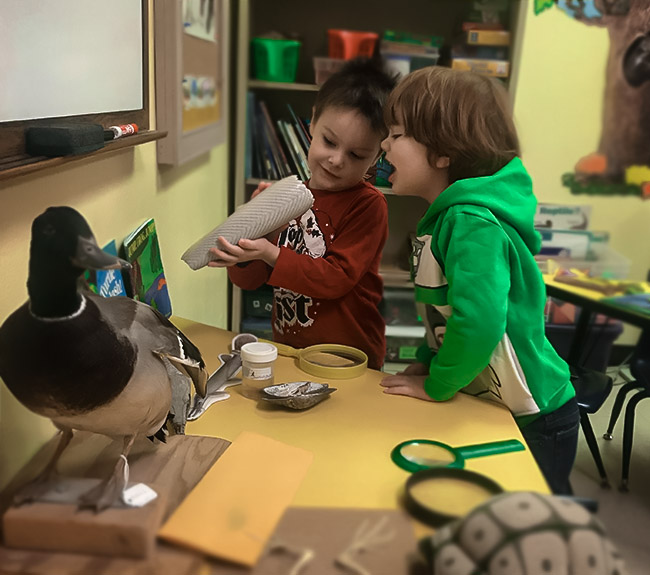 2 small children playing with and learning about elements of nature in a classroom